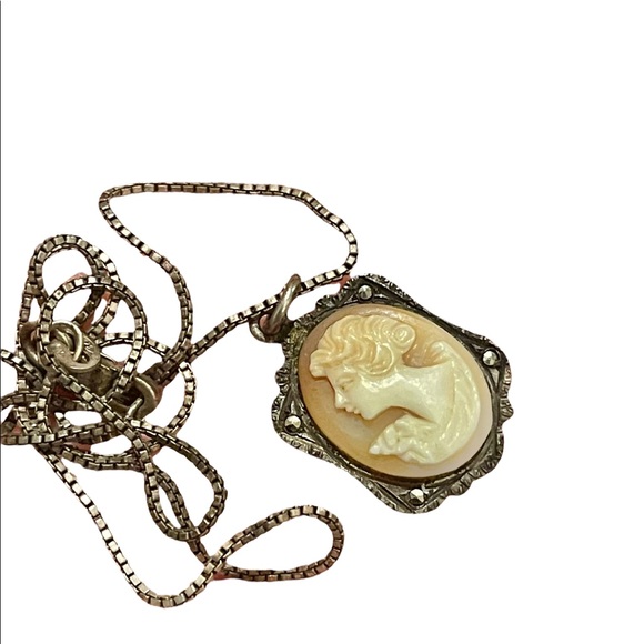 Antique 800 sterling silver shell cameo marcasite necklace Marcasite - Picture 5 of 12